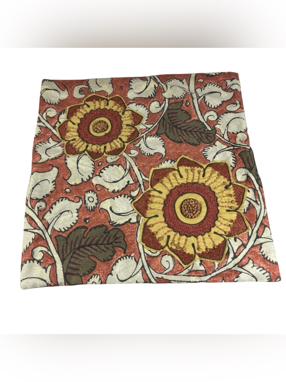 Pottery Barn Pillow Cover Ruby Madhubani 20x20 Tan Rust Mustard Crewel Flowers